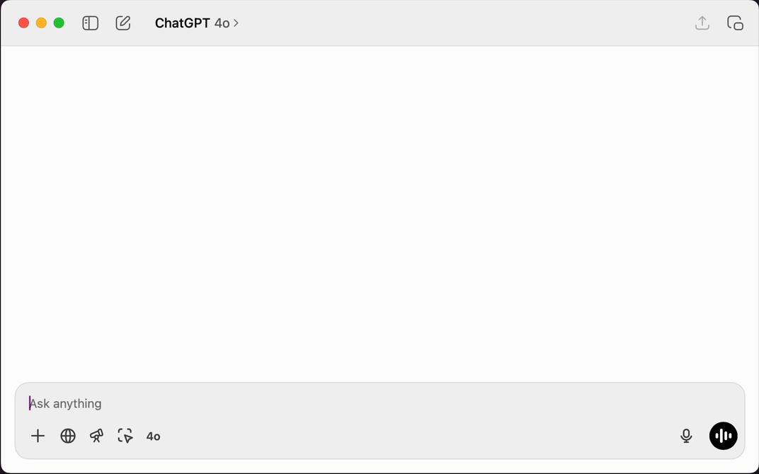 A
blank ChatGPT window showing a blinking cursor, ready for the user
to ask a question.